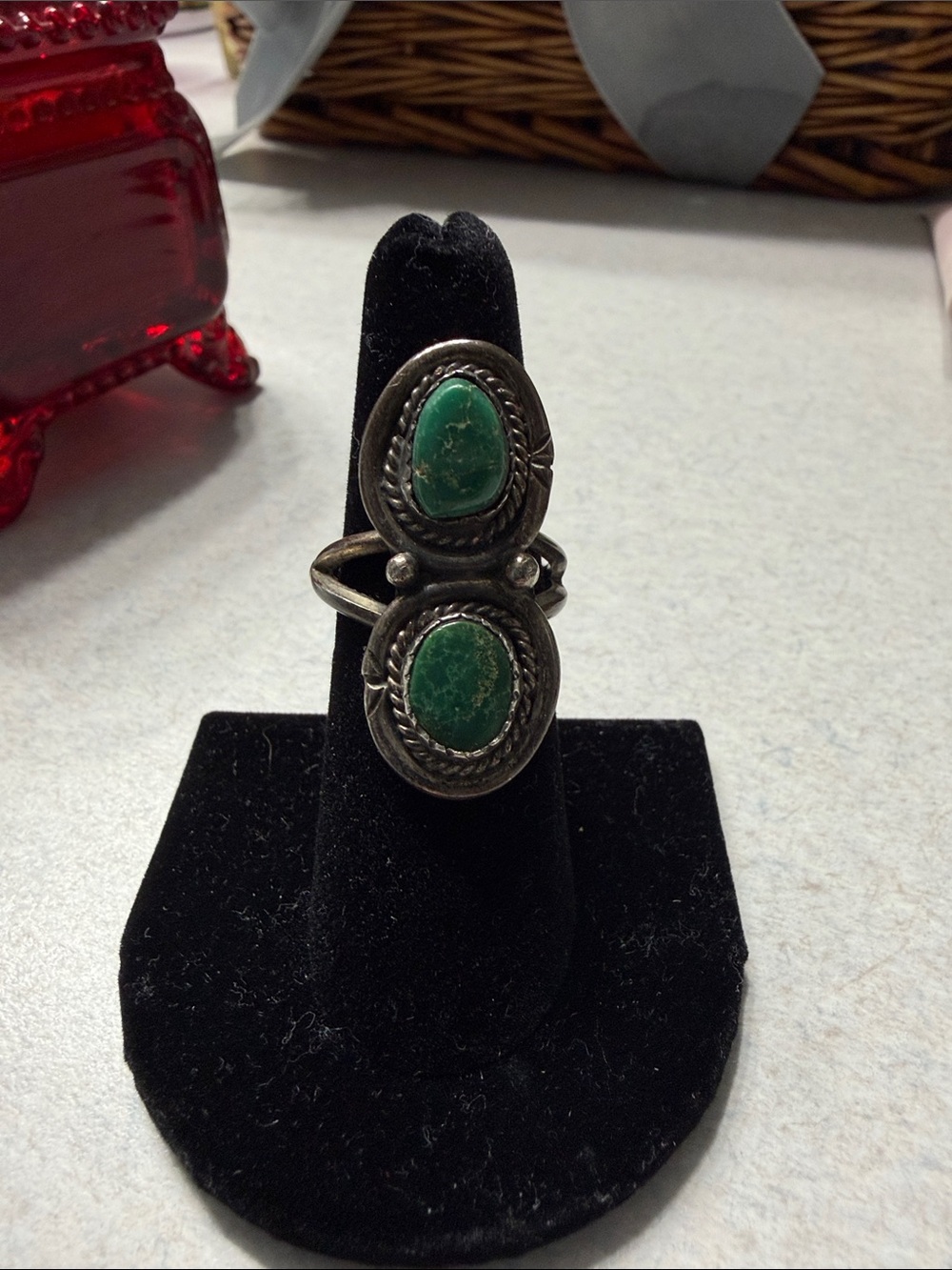 Sterling Silver Green Stone Double Oval Ring